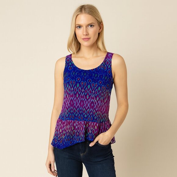 Express Dopamine Burst Sleeveless Top – Size M – Ruffled Hem, Vibrant Ikat Print - Picture 1 of 9